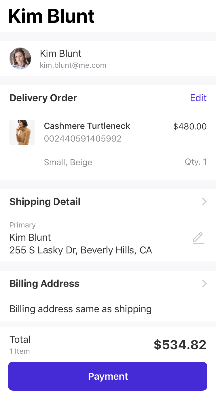 The shipping and billing details then appear and can be confirmed by pressing on the blue payment button.